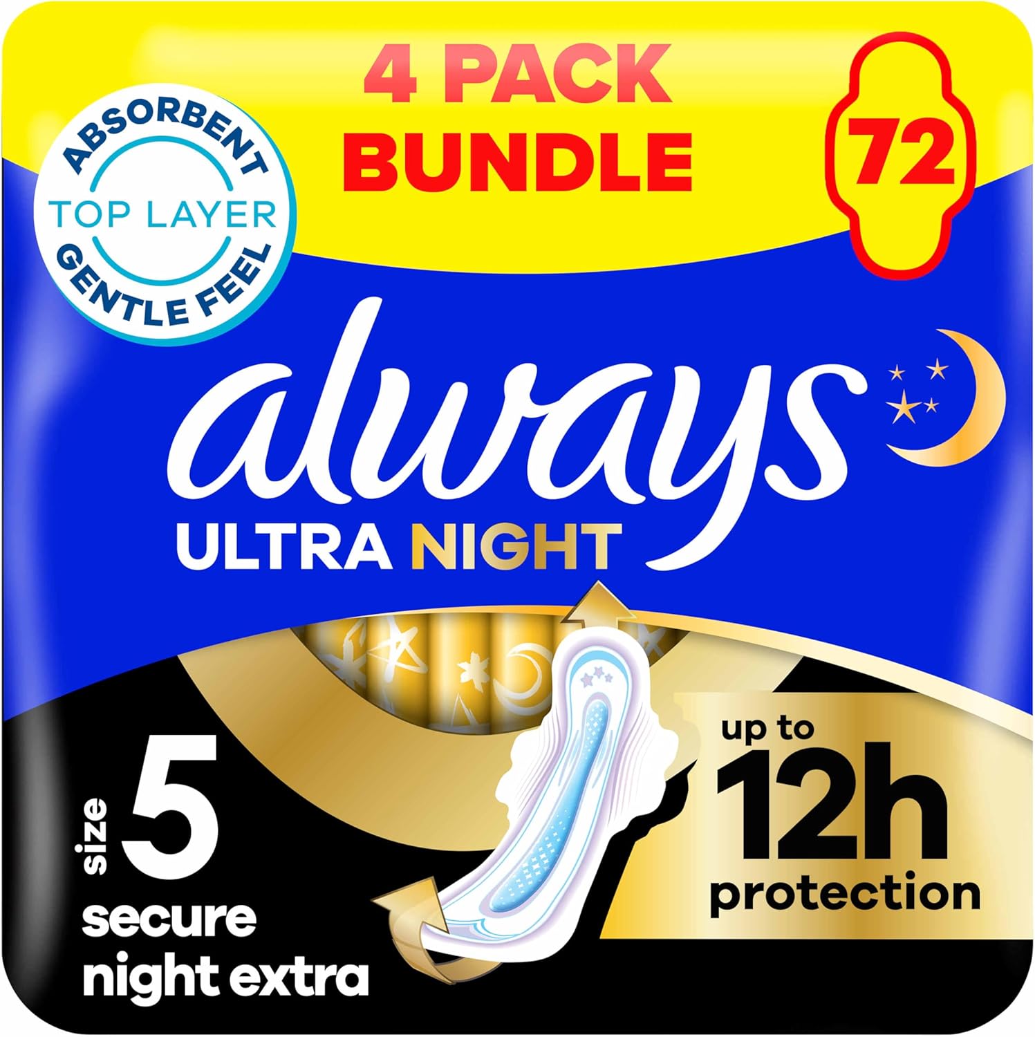 Always Ultra Sanitary Towels Secure Night Extra (Size 5) with Wings 18 Pads, Super Absorbent and Ultra Thin, for Menstrual Periods, Pack of 4