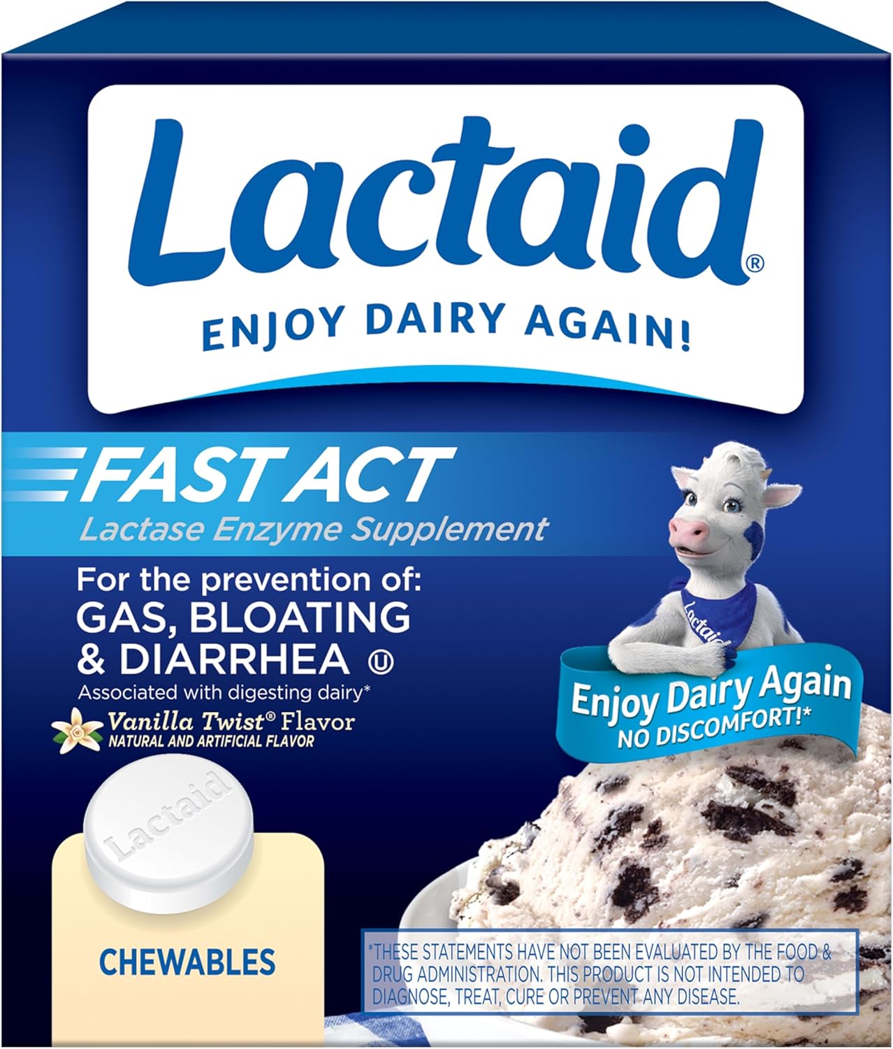 Lactaid Fast Act Lactose Intolerance Relief Chewables, Vanilla Twist, 60 Ct