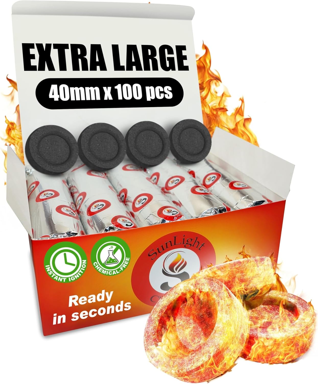 Sunlight® Charcoal Tablets for Incense – Quick Light Coal Tablets – Charcoal Disks – 40 mm Coal Rolls – Coal Briquettes – Slow Burn - Instant Lighting [100]