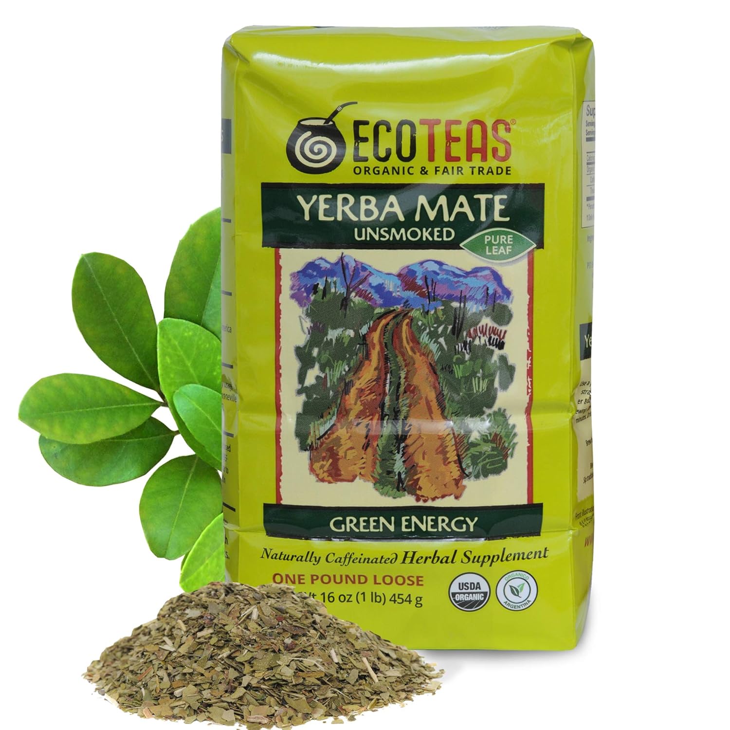 ECOTEAS Organic Yerba Mate Loose Leaf Tea – Natural Energy & Detox Herbal Tea – Caffeine Alternative - Kosher, Non-GMO, Gluten-Free - Unsmoked Pure Leaf from Argentina, 1 lb (Pack of 1)