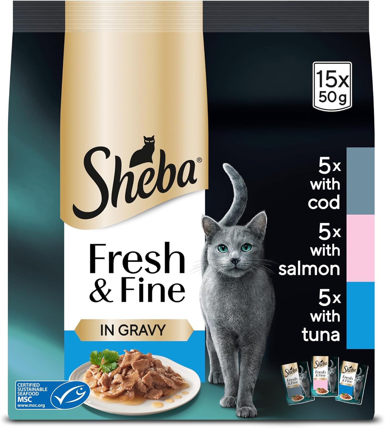 Sheba Cat Wet Food - Fresh and Fine - Cat Pouches Fish in Gravy - 3 x 15 x 50 g