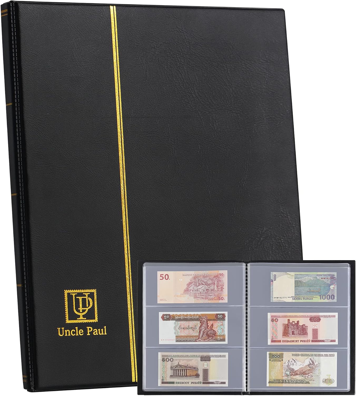 60 Pockets Currency Album-8.3" x 3.3" Banknotes Collecting Holder Leatherette Hard Cover Storage Book with Protective Case for Paper Folding Money Dollars Bills Trading Cards Stamps Collection AN01BK