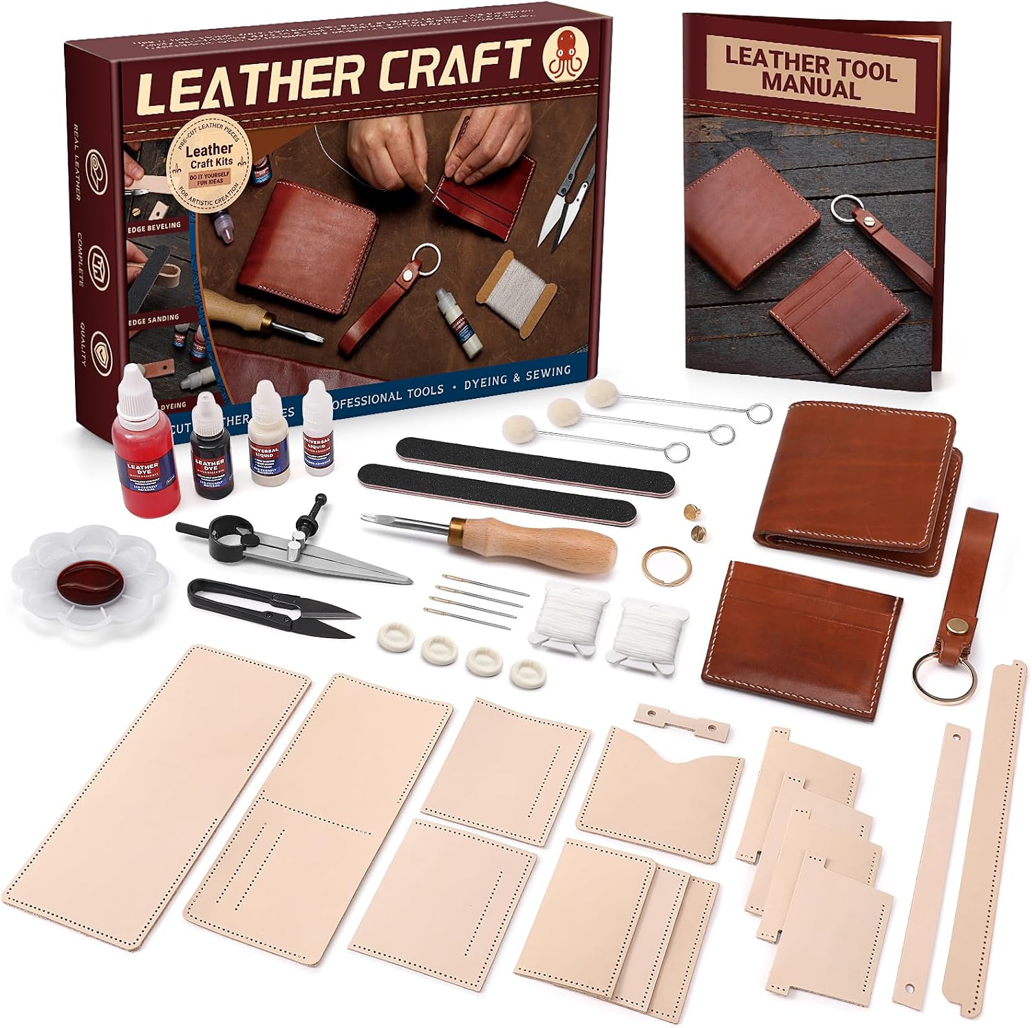 CBHGFEA 51Pcs Leather Working Kit, Vegetable Tanned Leather Craft Kit