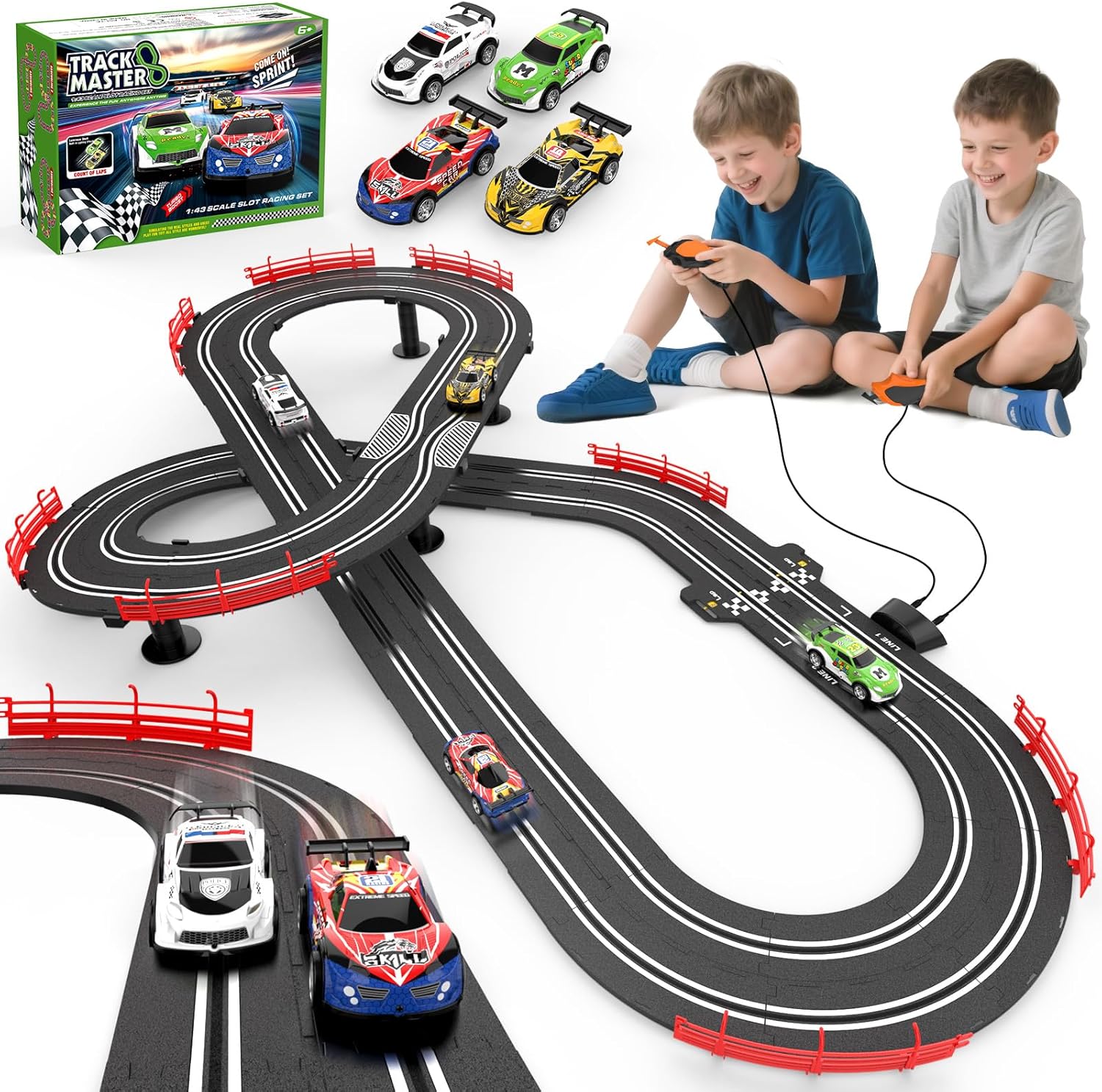 3-in-1 Slot Car Race Track Set with 4 High-Speed Cars, Electric Track, Dual Racing Game with Lap Counter & 2 Controllers, and Circular Overpass Design – Toy Gift for Boys Kids Ages 4-6 6-8 8-12