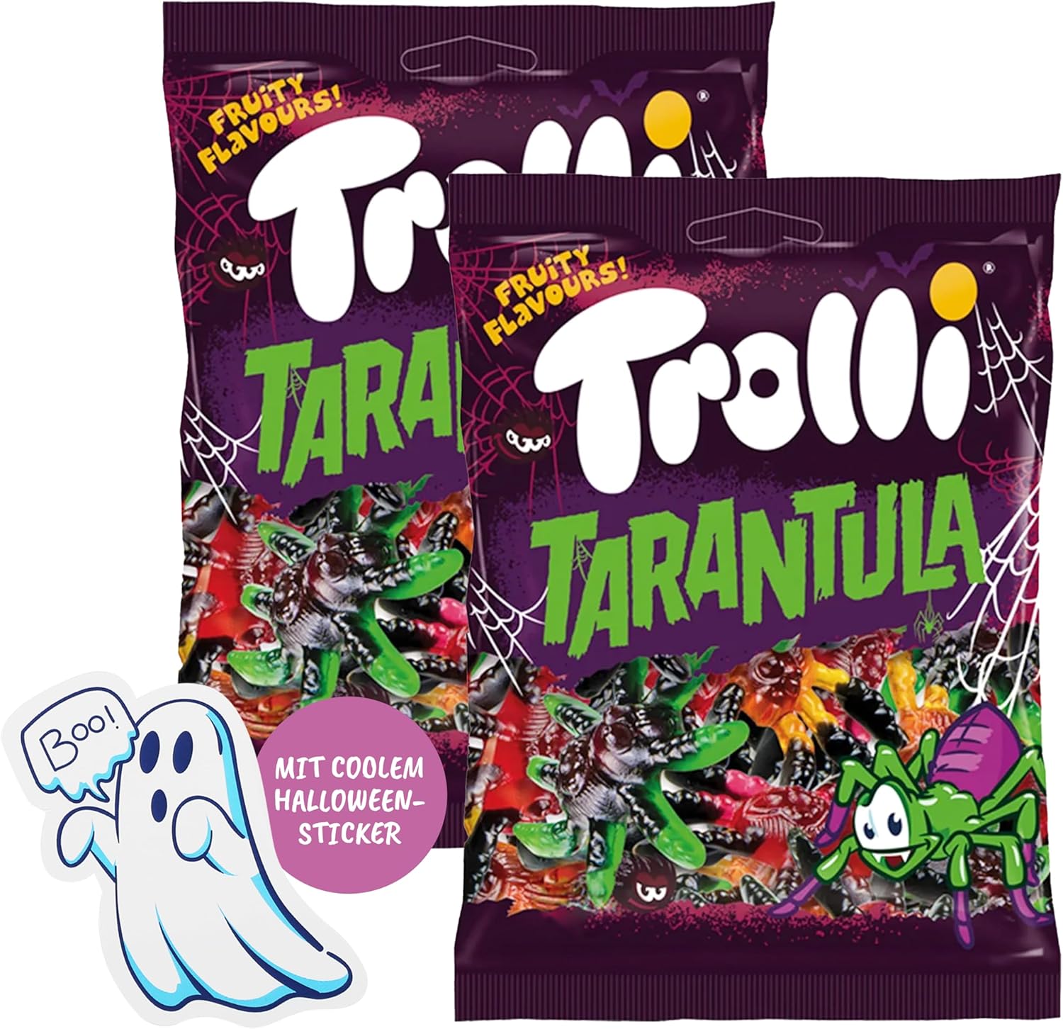 Trolli Tarantula Set of 2 Rubber Spiders 150 g Each Including Ghost Stickers, Lactose and Gluten Free, Tarantula Fruit Gum in Various Flavours, Suitable for Children's Birthday Parties and Goodie Bags