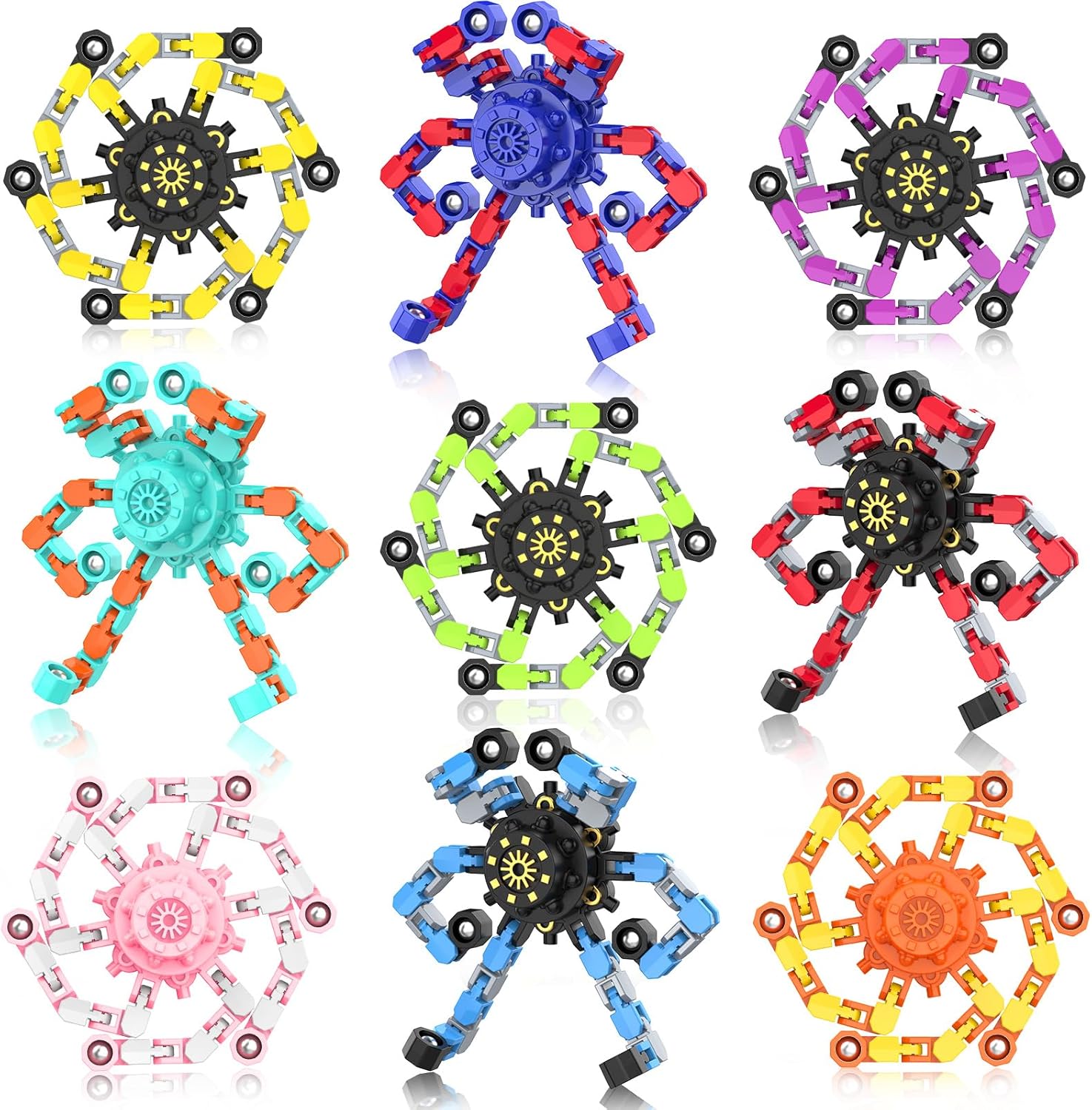 Transformable Fidget Spinners,9PCS Funny Sensory Fidget Toys Adults Deformable Chain DIY Robot Spinner,Fingertip Stress Relief Gyro Toy for Kids, Kids Classroom Prizes