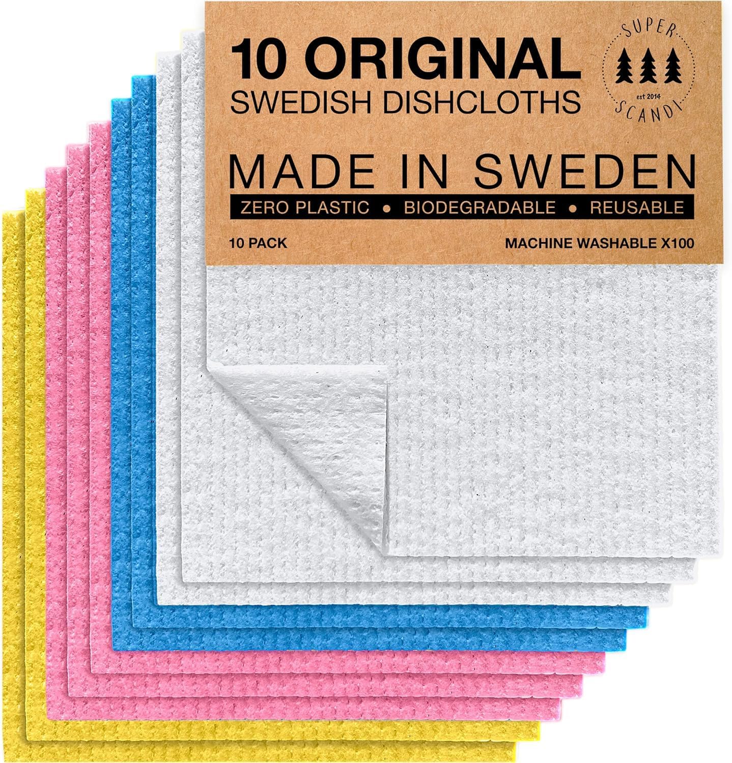SUPERSCANDI 10 Pack Reusable Cleaning Cloths - 100% Biodegradable & Compostable Washable Swedish Dishcloth - Food-Safe & Plastic-Free Kitchen Cloth Suitable for Any Surface, Multicolour