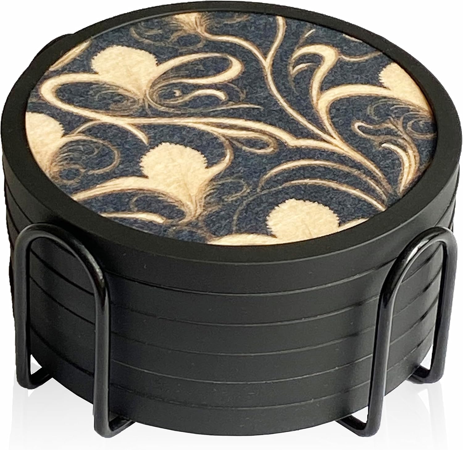 Absorbent Coasters for Drinks with Holder - 6packs, Silicone Coasters with Soft Felt Insert, Dual-Sided Flower -Themed Patterns