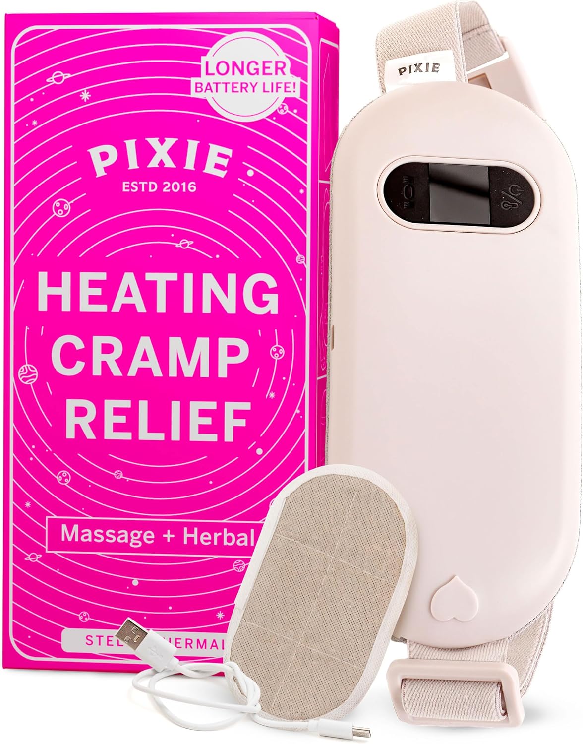 Pixie Rechargeable Heating Pad for Cramps - Only Device Using Pain Relieving Herbal Packs Doubling The Effectiveness - FSA/HSA Approved Relief Belt for Back - Thoughtful Gift Idea for Women & Girls