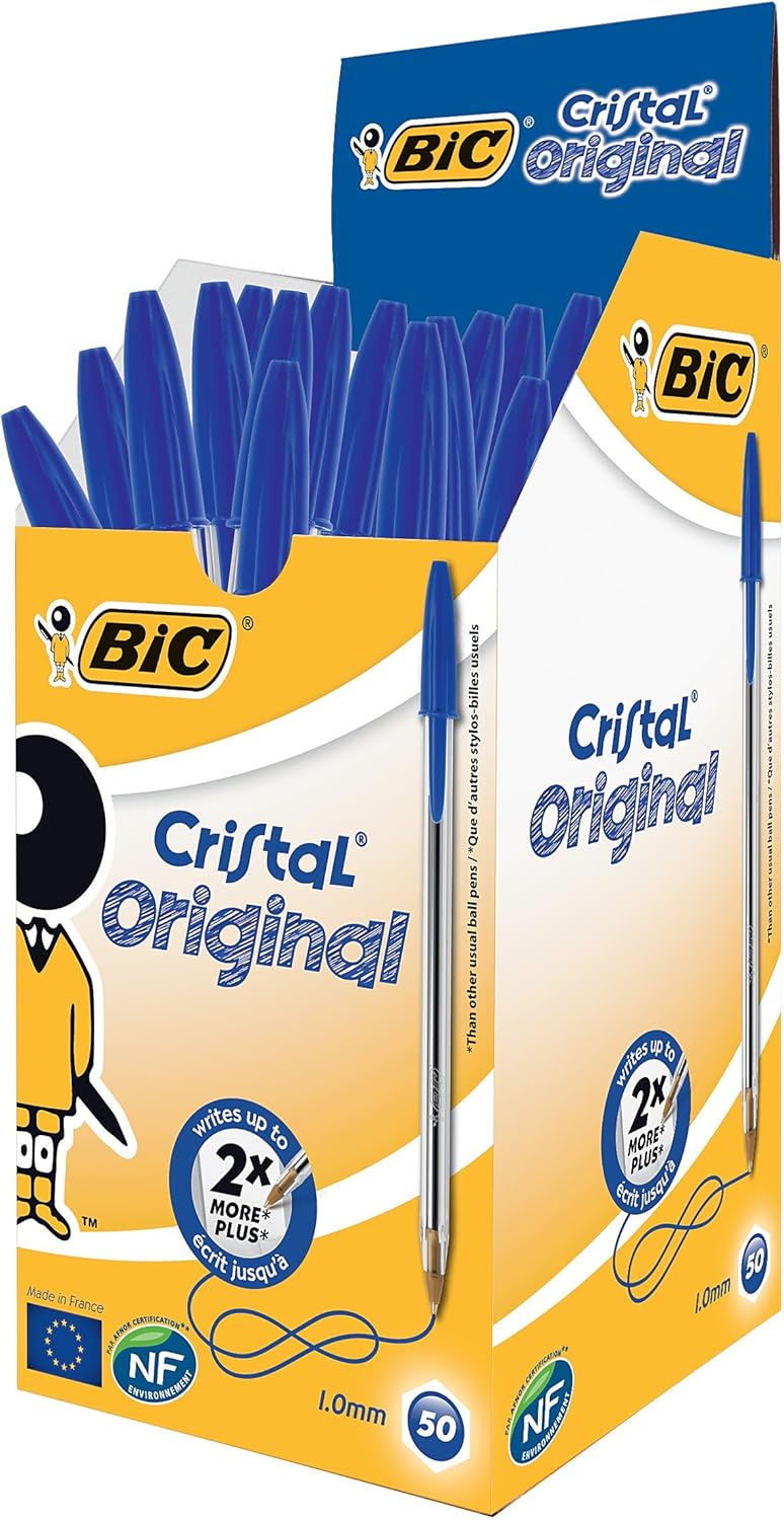 BIC Cristal Original Ballpoint Pens, Medium Point (1.0 mm) Every-Day Writing Pens with Clear Barrel, Blue, Box of 50