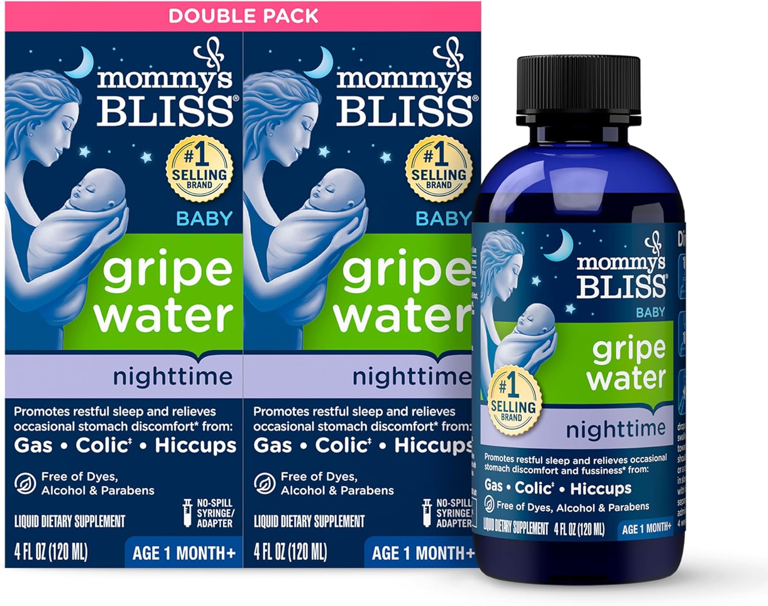 Mommy's Bliss Gripe Water Night Time, Relieves Stomach Discomfort From Gas, Colic, Fussiness, & Hiccups, Gentle & Safe, For Infants Age 1 Month+, 4 Fl Oz (Pack of 2)