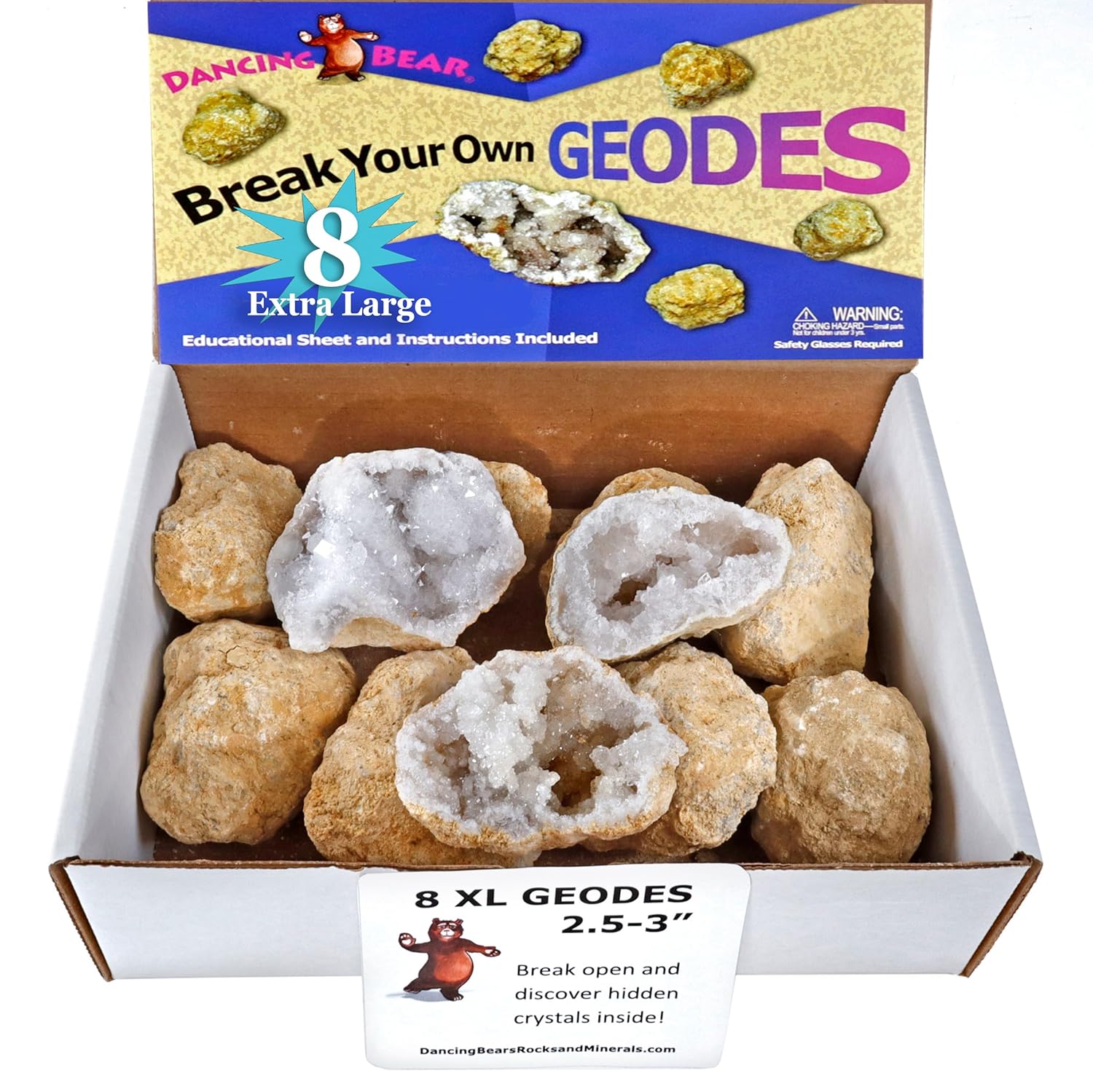 DANCING BEAR 8 XL Break Your Own Geodes, (2.5-3.5") 90% Hollow, Crack Open & Discover Amazing Surprise Crystals Inside! Educational Info and Instructions Included, Fun Party Favors & Prizes