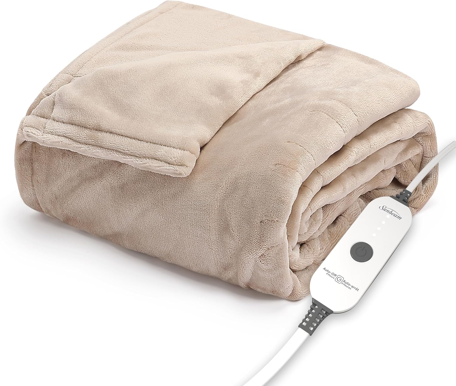 Sunbeam Ultimate Cozy Royal Posh Velvet Hand & Foot Pocket Heated Throw Electric Blanket, 50" x 72", 4 Heat Settings, 4-Hour Auto Shut-Off, Warming Throw for Couch or Bed, Machine Washable, Stone Buff