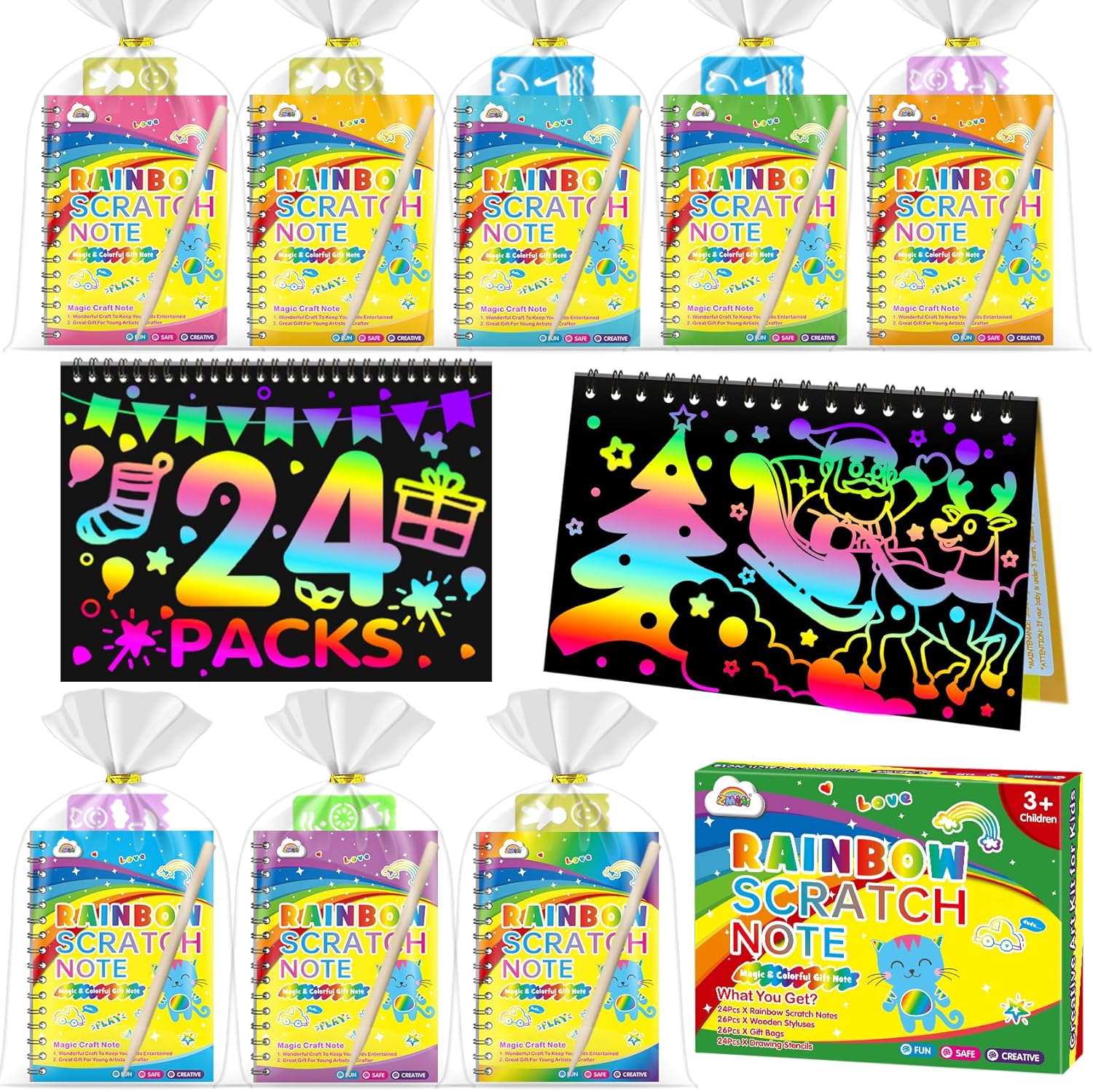 ZMLM Rainbow Scratch Party Favors Kids: Birthday Gifts Toy Bulk Scratch Art Notebook 24 Pack Scratch Paper Birthday Party Favor Girls Boys Art Craft Kit Scratch Pads Classroom Prizes
