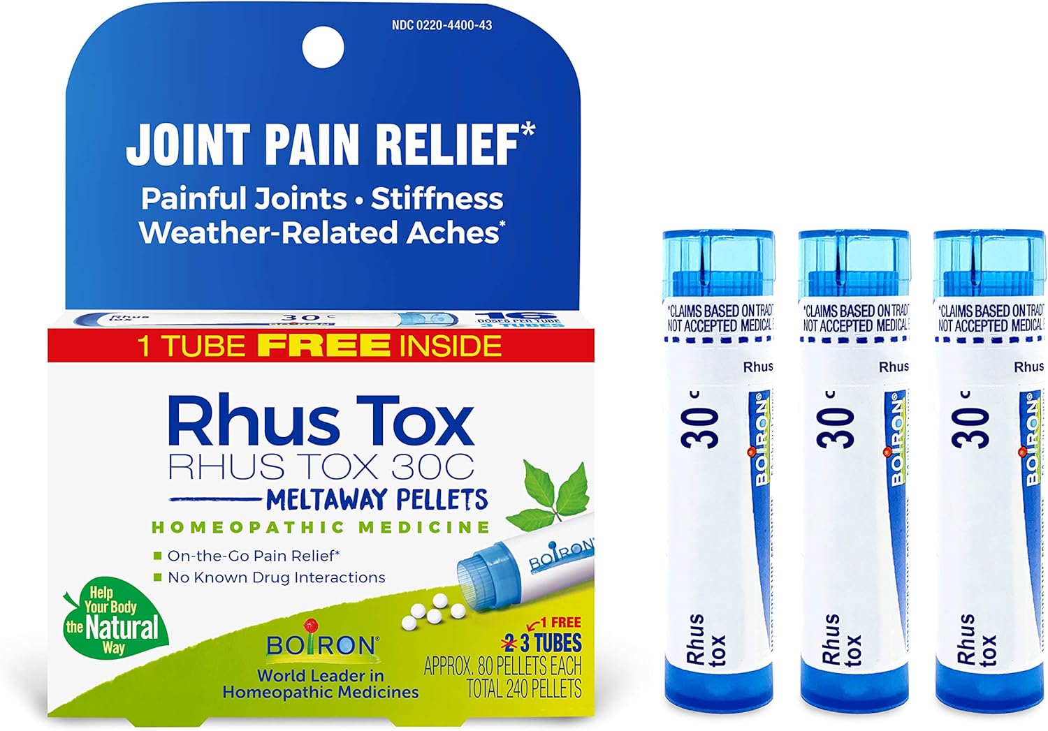 Boiron Rhus Tox 30C Homeopathic Medicine for Relief from Joint Pain, Muscle Aches, Swollen or Stiff Joints, and Weather Related Aches - 3 Count (240 Pellets)