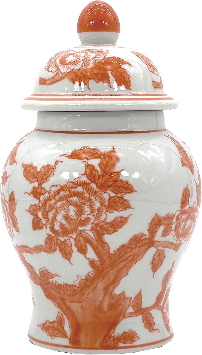 Galt International 8" Ceramic Ginger Jar w/Lid - Classic Chinese Style Porcelain Jar Tea Storage for Home Decor Decorative Centerpiece Vintage Accent Antique Vase Jingdezhen (Orange & White)