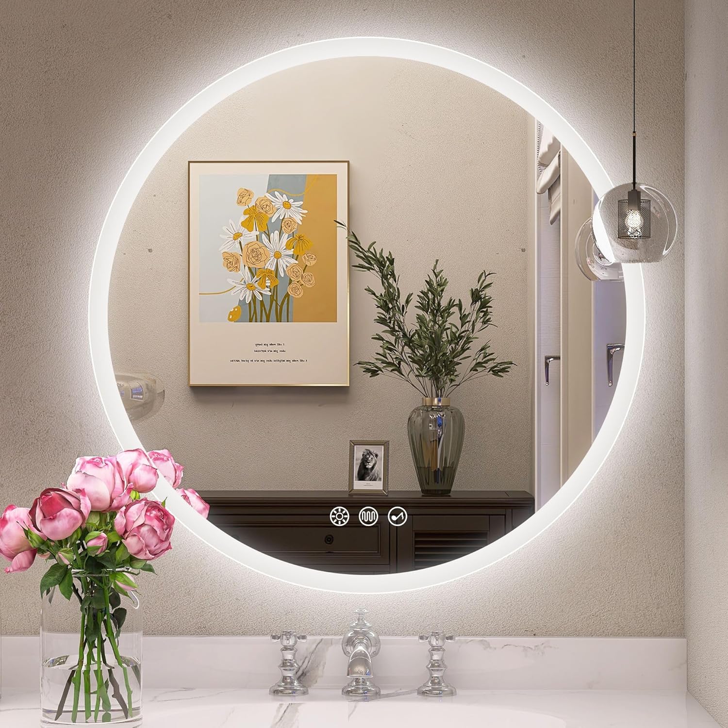 STARLEAD 600 mm Round-Bathroom-Mirror-with-LED-Lights, Bluetooth, Anti-Fog, LED-Bathroom-Wall-Mounted-Mirror 3 Colors Dimmable, HD Tempered Glass, Memory Function, IP44 Waterproof