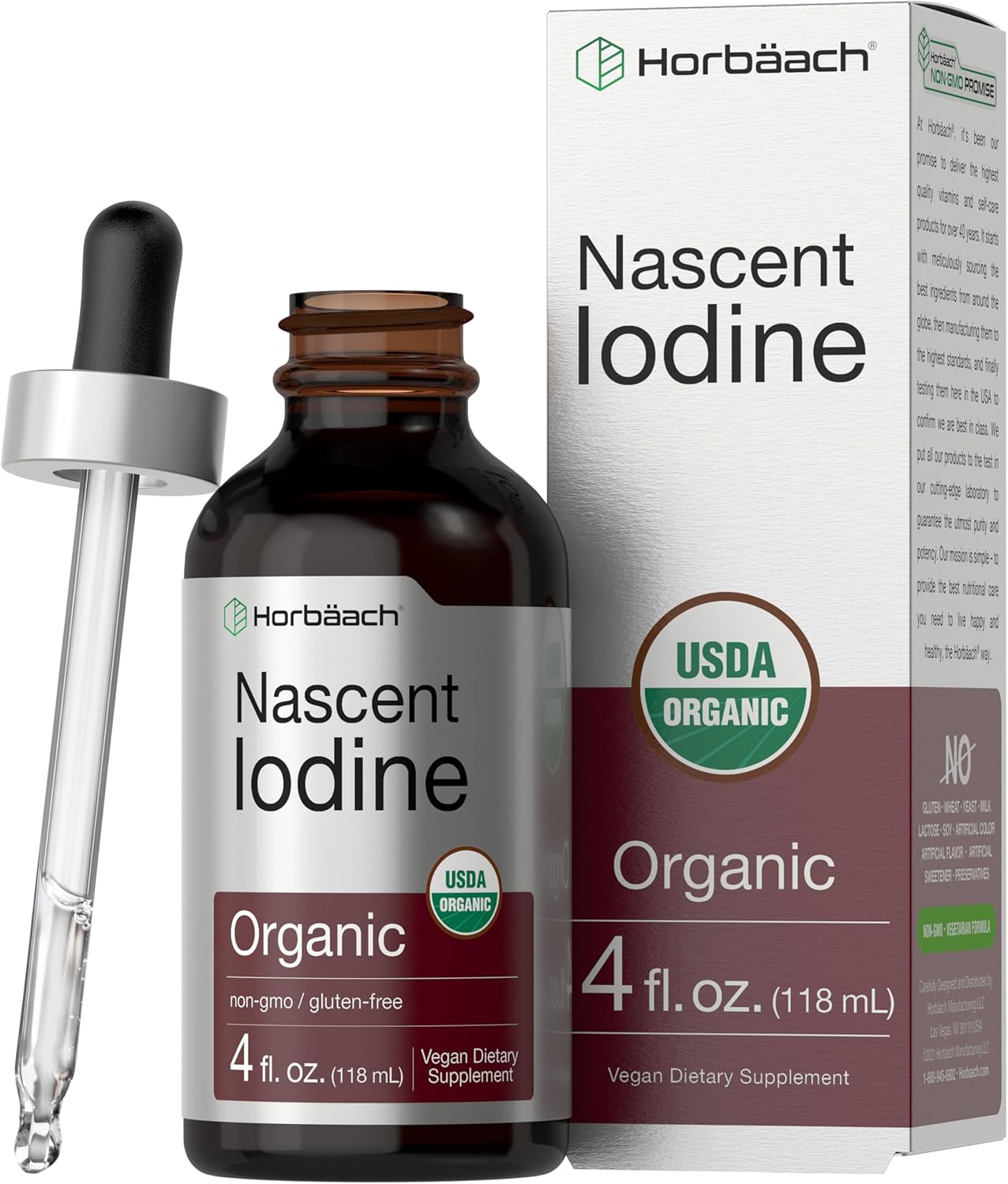 Horbaach Nascent Iodine Drops | 4 Fl Oz | Organic Liquid Tincture Supplement | as Potassium Iodide | Vegan, Non-GMO, and Gluten Free