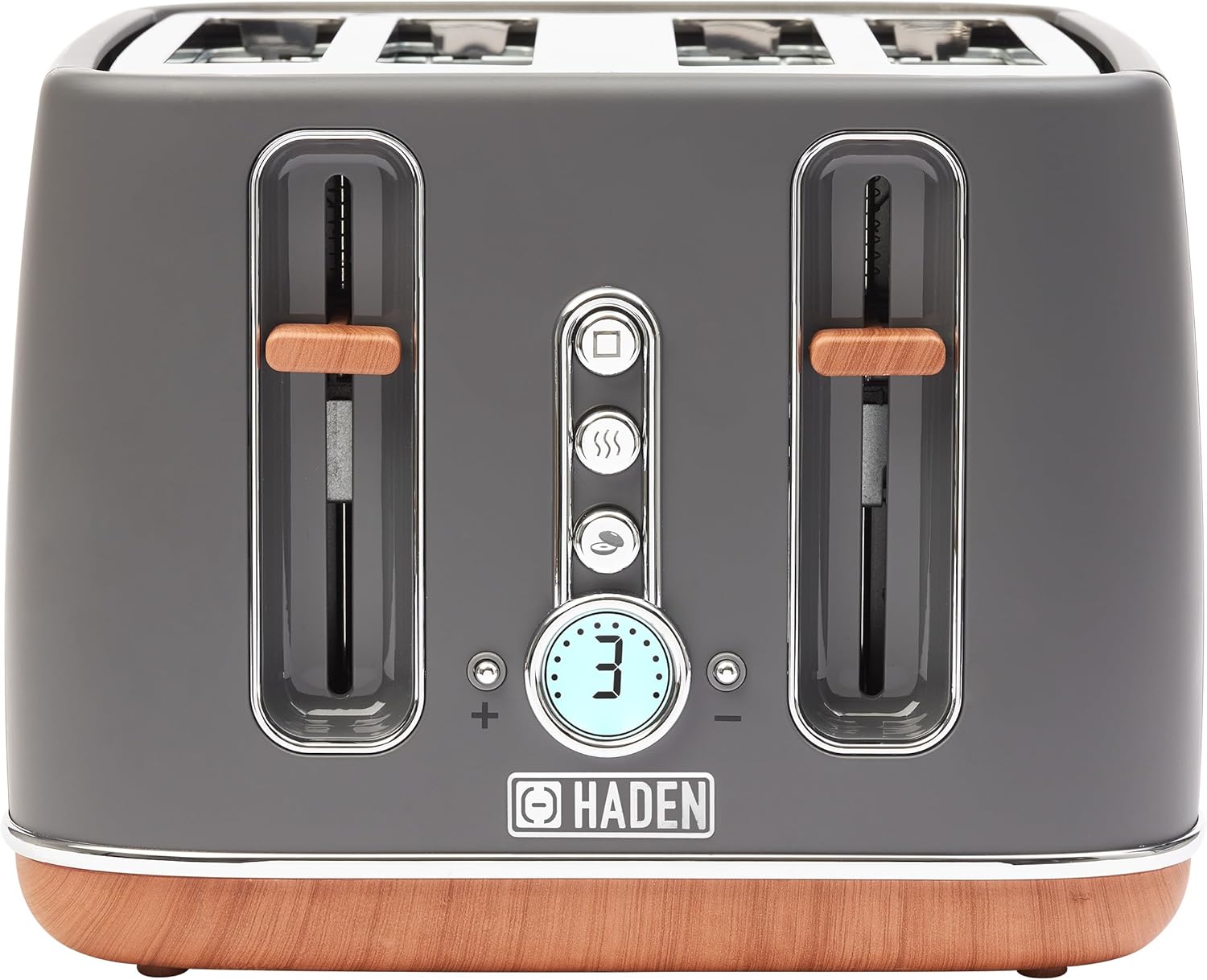 Haden Dorchester Grey Toaster 4 Slice - Variable Browning Levels - Digital Controls & Wide Slots 4 Slice Toaster - Cancel/Defrost/Reheat Settings - With Wood Effect Finish
