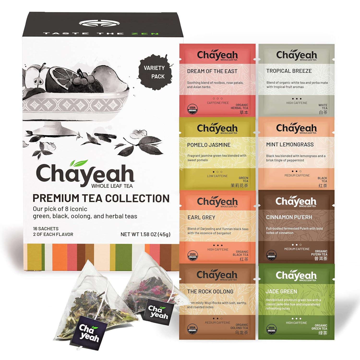 CHAYEAH, Premium Tea Collection (16 Pyramid Tea Sachets, 8 Assorted Flavors), Green, Black, Oolong, Pu’erh & Herbal Tea Sampler Variety Pack, Caffeinated and Non-Caffeinated, Whole Leaf Tea Bag