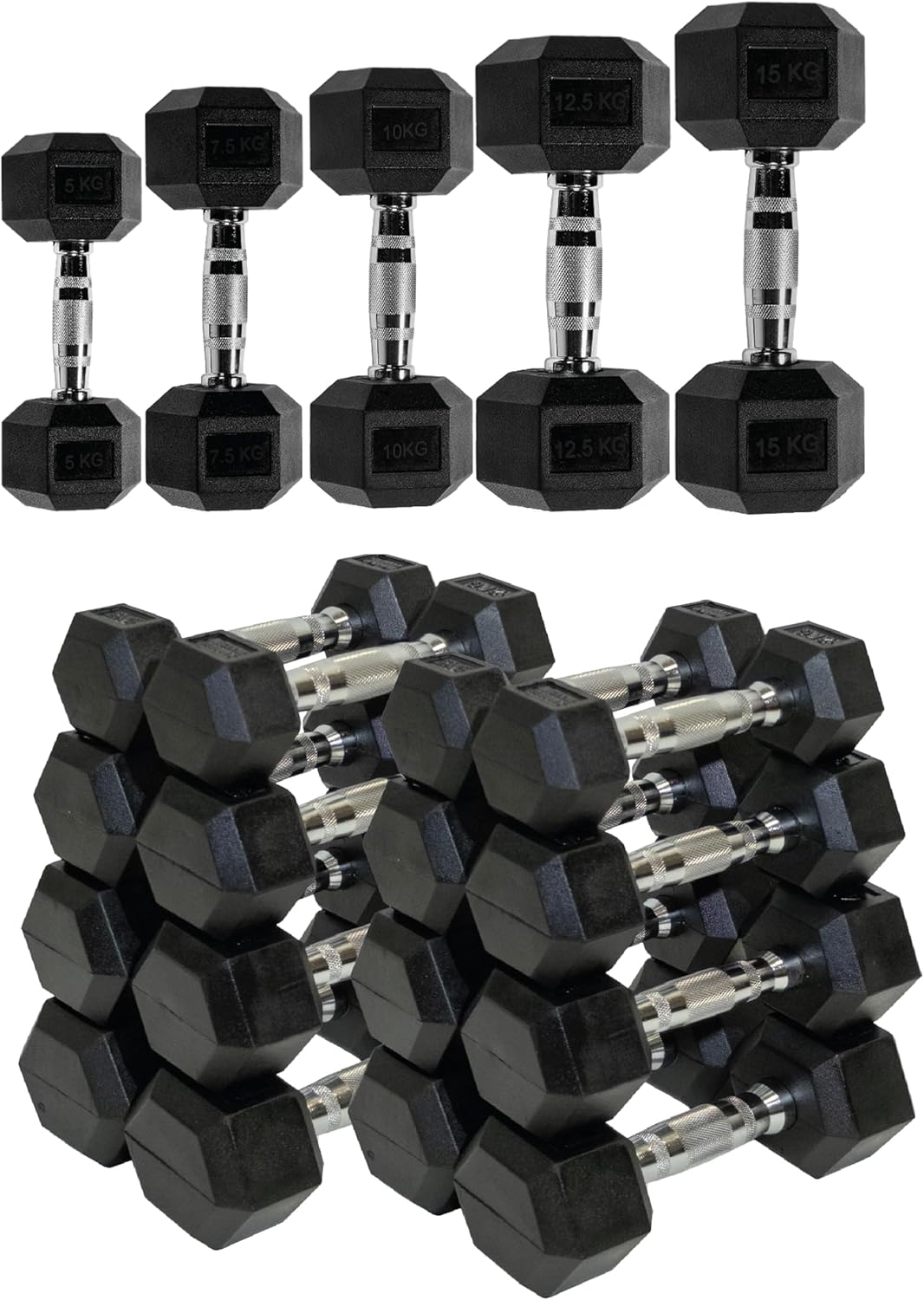 Hex Dumbbells Weight Set (5kg to 25kg) with Rubber Encasing | Cast Iron Strength Training Equipment for Home Gym Workouts for Men and Women (Black, 2x[5+7.5+10+12.5+15+17.5+20+22.5]220KG)