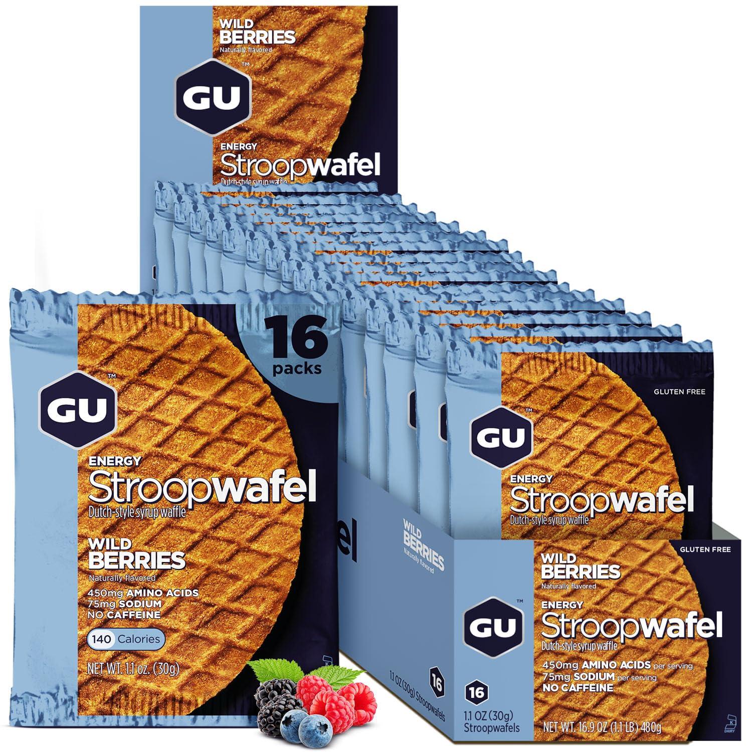 GU Energy Stroopwafel Wild Berry Sports Nutrition Waffle, Caffeine-Free, Gluten-Free, and Kosher dairy On-the-Go Energy for Any Workout, 16 Count