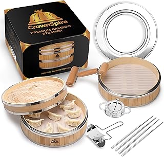 2 Tier Bamboo Steamer | Bamboo Steamer Basket with Reusable Silicone Liner | Food Dim Sum Kit for Cooking Baby Bao Bun, Rice, Vegetable, Fish and Meat