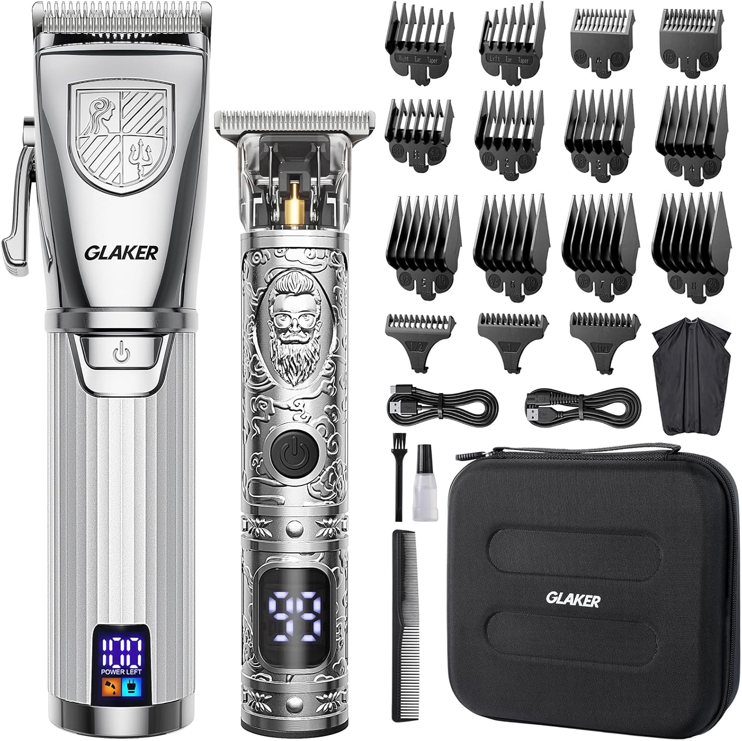 GLAKER Hair Clippers for Men,Professional Mens Hair Clippers Cordless Clippers for Hair Cutting,Precision Trimmer Kit Zero Gap Trimmer with LED Display 15 Guide Combs (Silver)