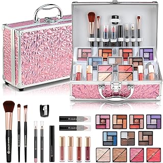 Color Nymph Starter Makeup Kit for Tweens Girls, Train Case for Women Full Kit with Eye Shadow, Lipstick, Blush, Brushes, Lipgloss, Mascara, Brow Wax and Mirror Pink Full Starter Cosmetics Set
