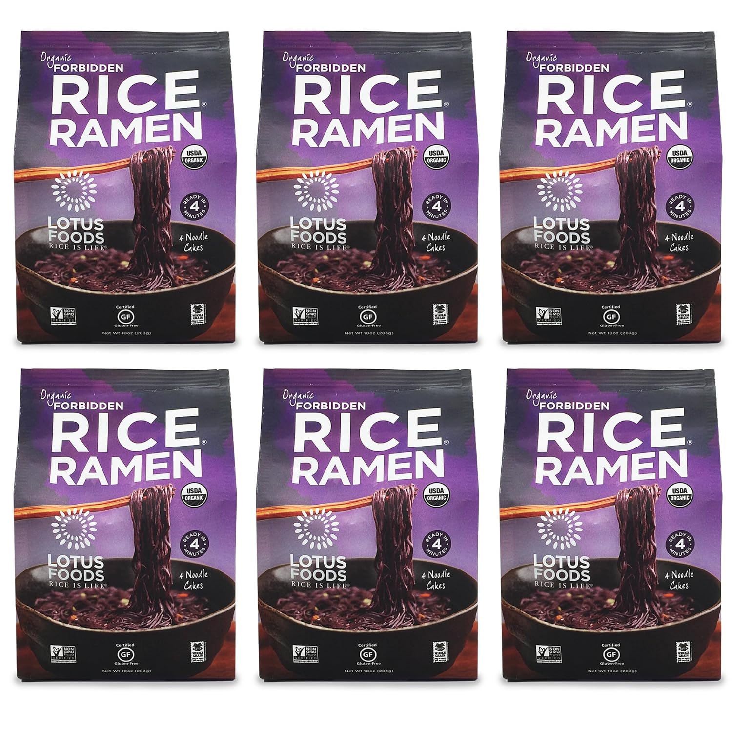Lotus Foods Organic Forbidden Rice Ramen Noodles - Gluten Free Instant Ramen Noodles, Vegan, Low Sodium, Made with Black Rice Flour, Brown Rice Flour, White Rice Flour - 10 Oz Bags (Pack of 6)