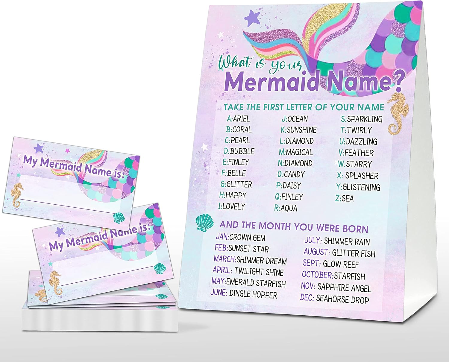What's Your Mermaid Name Game - Whimsical Mermaid Birthday Party Games for Girls - Family School Classroom Activity - 1 Standing Sign and 30 Stickers - Under the Sea Party Supplies Decorations(01)