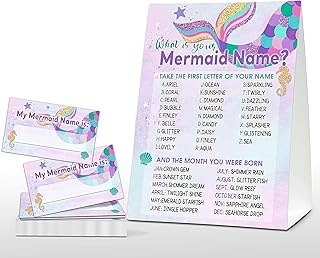 What's Your Mermaid Name Game - Whimsical Mermaid Birthday Party Games for Girls - Family School Classroom Activity - 1 Standing Sign and 30 Stickers - Under the Sea Party Supplies Decorations(01)