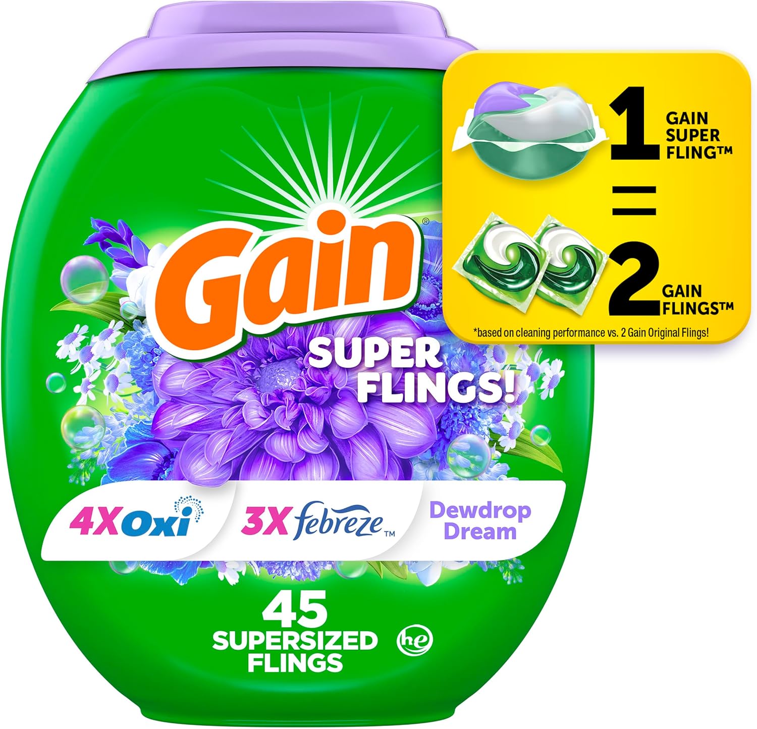 Gain Super Sized Flings Laundry Detergent Pacs, 45 Count, Dewdrop Dream Scent