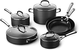 Calphalon 10-Piece Non-Stick Kitchen Cookware Set, Black Pots & Pans with Stay-Cool Stainless Steel Handles, Hard-Anodized Aluminum for Even Heating