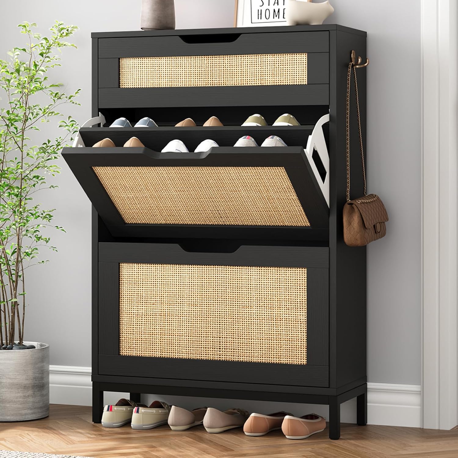 Rattan Shoe Cabinet Storage for Entryway Hidden Shoes Storage Cabinet Boho Narrow Shoe Organizer Cabinet with 2 Flip Drawers, Free Standing Black Shoe Cabinet for Foyer Hallway (Black, 2 Flip Drawers)