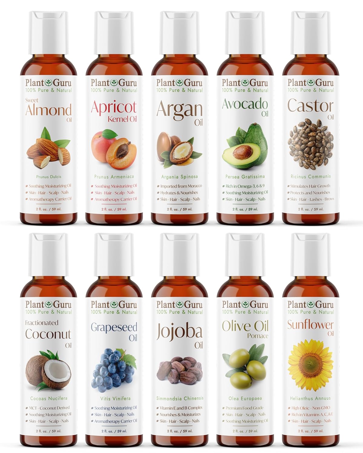 Top 10 Carrier Oil Variety Set 2 oz - Cold Pressed 100% Pure Natural, Sweet Almond, Apricot Kernel, Argan, Avocado, Castor, Fractionated Coconut, Grapeseed, Jojoba, Olive and Sunflower.