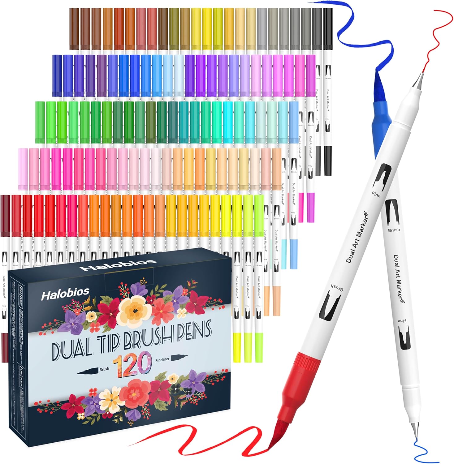 Halobios 120 Colors Dual Tip Brush Pens Set, Felt Brush Tip Pens Brush Marker Pens Set for Kids Children Adults Colouring Book Sketching Drawing Lettering Greeting Cards Gift