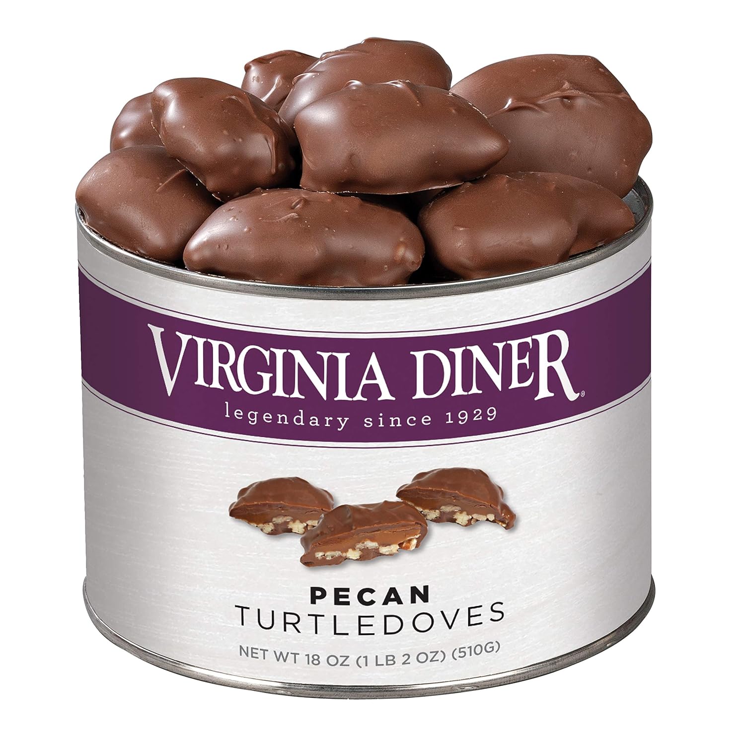Virginia Diner Chocolate Pecan Turtledoves Candy Clusters with Caramel - Preservative Free Gifts from Virginia Since 1929 - Chocolate Covered Pecans Food Gifts - 18 Oz Can