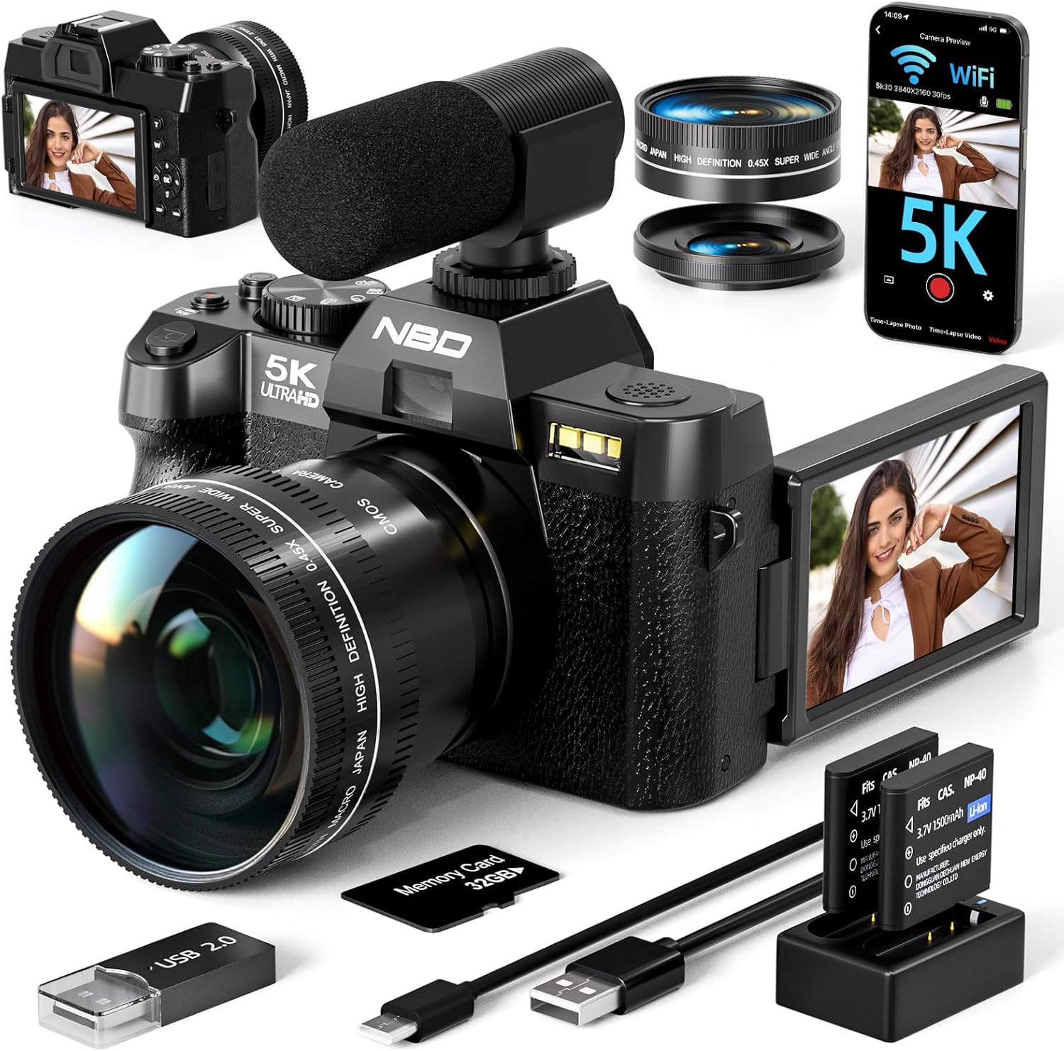 NBD Digital Cameras for Photography 5K,48MP Autofocus Vlogging Camera for YouTube with 32GB TF Card & 2 Batteries,16X Zoom Anti-Shake Video Camera with 52mm Wide Angle and Macro Lens S110