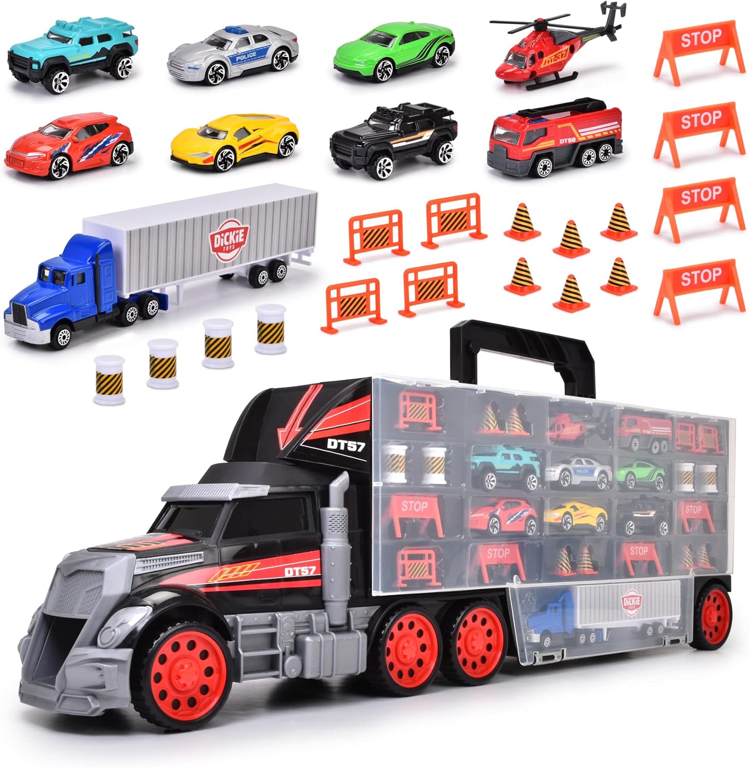 DICKIE TOYS - Truck Carry Case Playset 1:64 Scale Diecast - Hold up to 42 Cars - Includes 7 Cars, Helicopter, Big Rig and 18 Accessories -Ages 3+