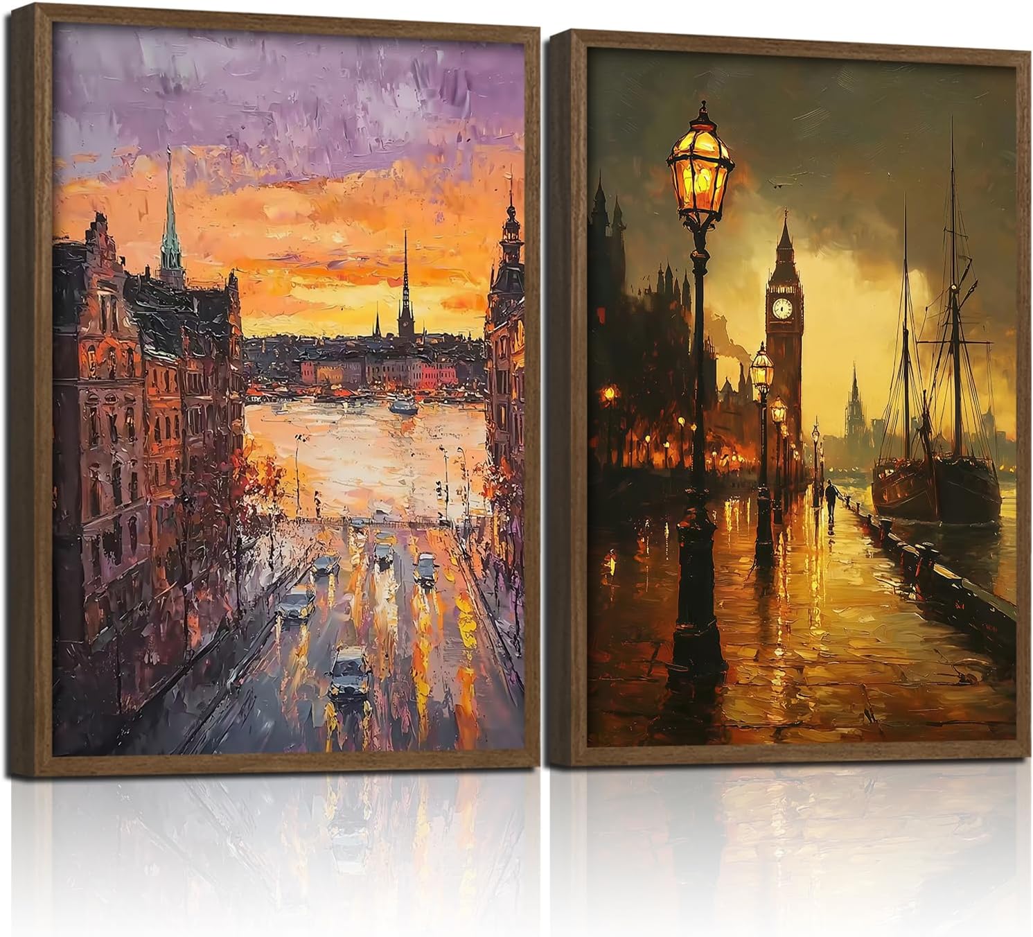 2Pcs Wood Framed Oil Painting Landscape Wall Art Vintage City Canvas Print Dusk Scenery Poster Decorative Painting European Street Scene Picture Artwork Living Room Study Gallery Decor 12x16 Inch
