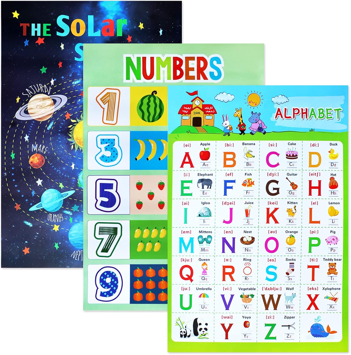 3PCS Educational Poster, ICEBLUEOR Laminated Wall Learning Chart Number and Alphabet Posters for Kids Toddlers Kindergarten Preschool Family Education, Classroom Decoration