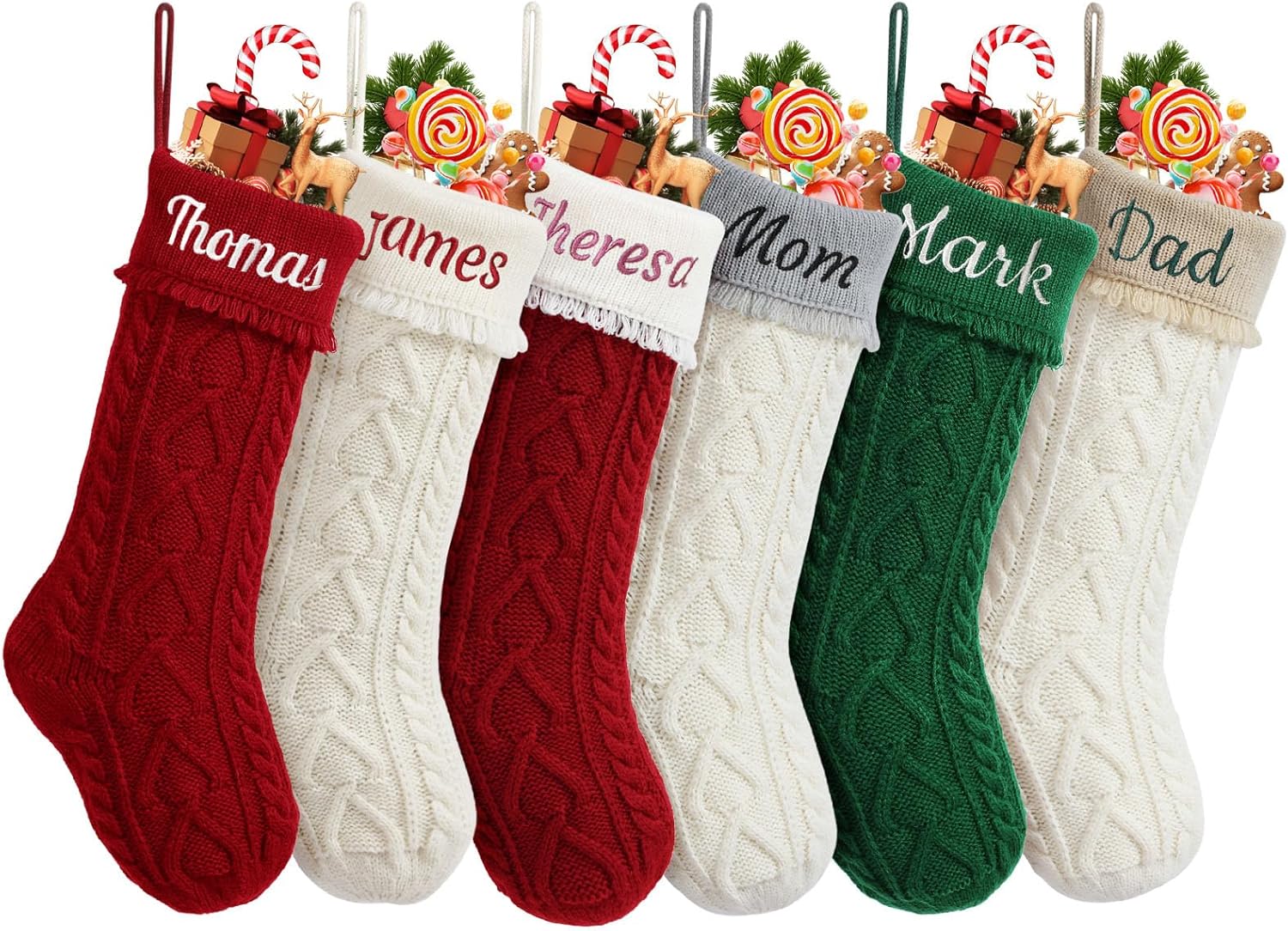 Personalized Christmas Stocking,Custom Name 18 inch Large Knit Christmas Stocking for Family,Color-Contrast Xmas Stocking with Name Embroidery for Holiday Season Party Fireplace Decoration(7 Pcs)