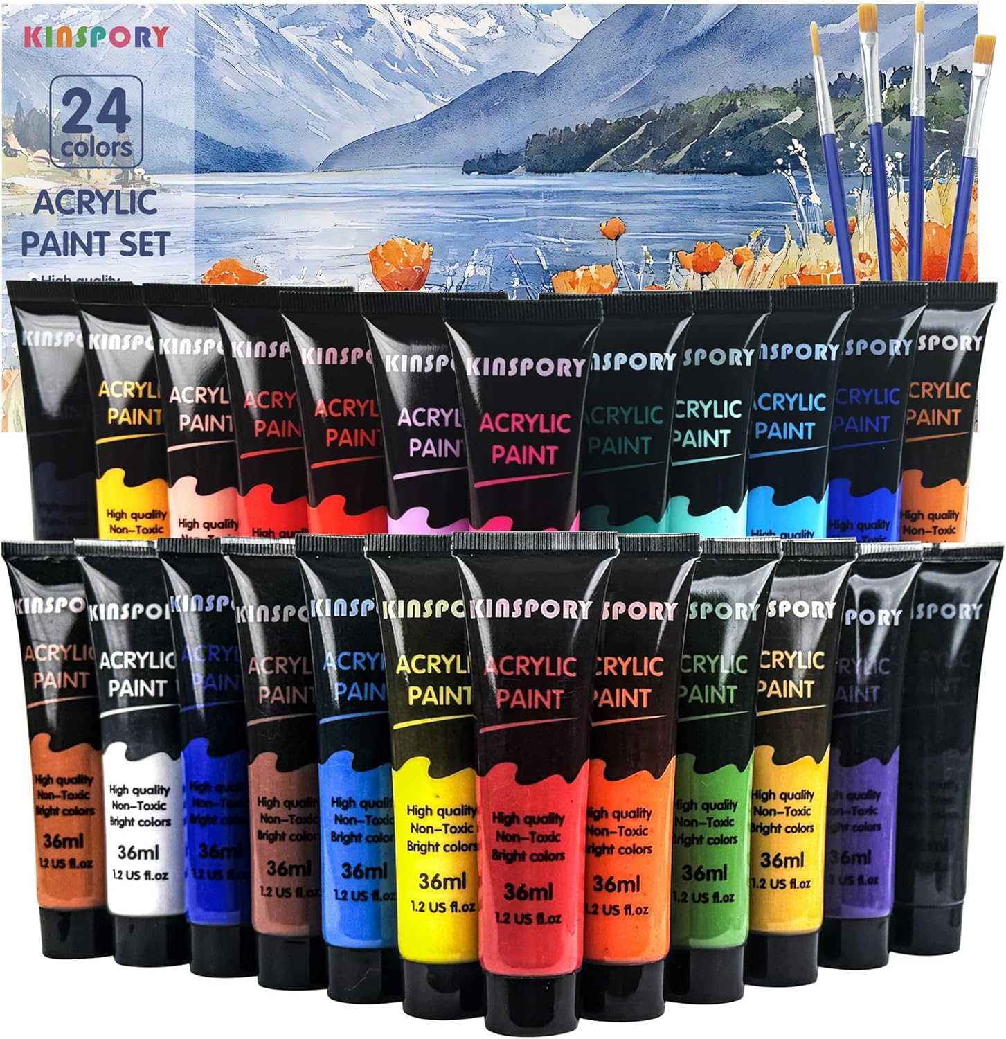KINSPORY Acrylic Paint Set 24 x 36 ml with 4 Brushes - Water-Resistant, Assorted Colors for Beginners, Artists, Kids - Multi-Surface Art Supplies for Canvas, Wood, Rocks
