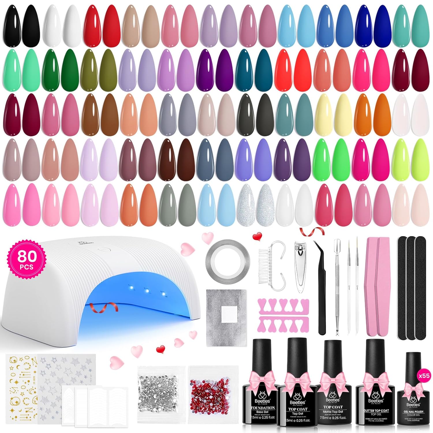 Beetles Gel Nail Polish Kit with U V Light 80Pcs Color Enchantment 55 Colors Gel Polish Starter Kit with Base Top Coat Nail Art Stickers Manicure Tools Gift for Women