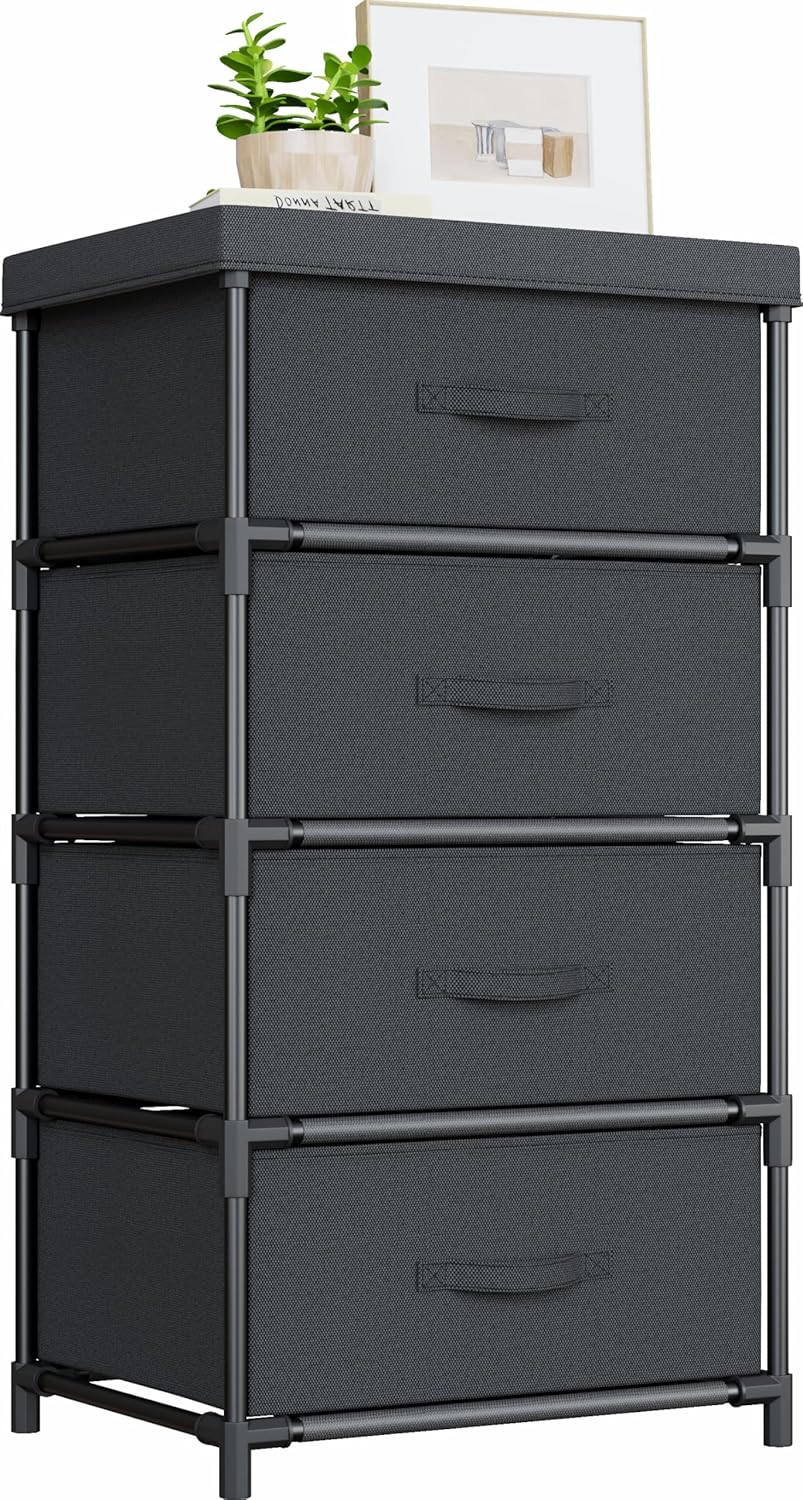 WANGIRL Fabric Chest of Drawers Bedroom, 4 Drawers Storage Unit with Sturdy Steel Frame, Dresser Drawers for Bedroom, Living Room, Hallway, Office and Closet - Black