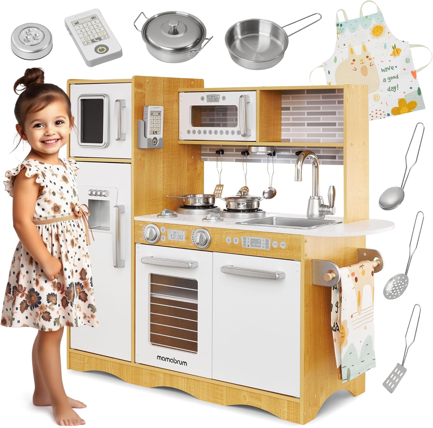 Mamabrum Baby Toys Play Kitchen with LED Lightning System, Wooden Kids Toys, Role Play Kitchen Accessories Included Pretend Play Toy Kitchen for Kids Little Chef Kitchen Playset, Natural Wood