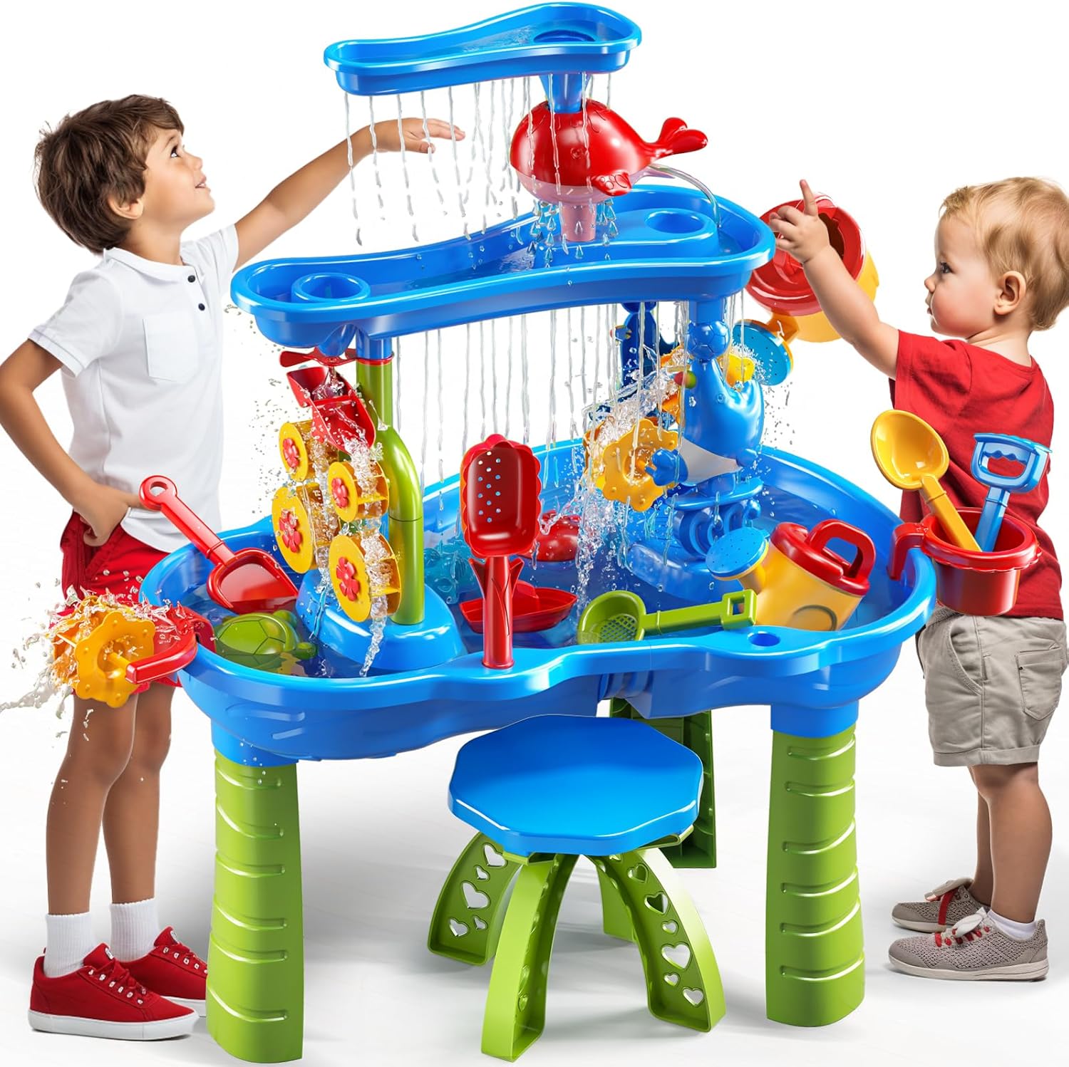Kids Sand Water Table for Kids 3 4 5 6 7 8 Years Old - 3-Tier Summer Outdoor Toys, Water Waterfall Sensory Play Table with Beach Toy Accessories, Summer Activity Table Toddlers 3-4 3-5