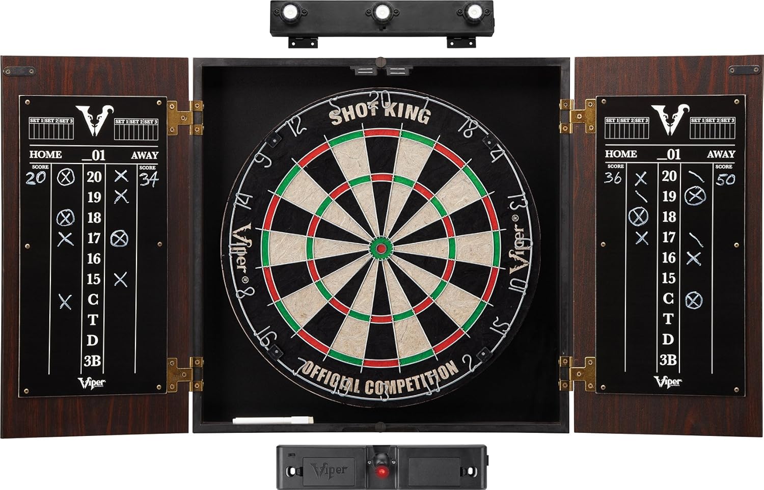 Viper Stadium Cabinet & Shot King Sisal/Bristle Dartboard Ready-to-Play Bundle with Two Sets of Steel-Tip Darts, Throw Line, and Dry Erase Scoreboards, Walnut Finish