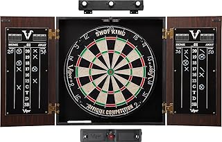 Viper Stadium Cabinet & Shot King Sisal/Bristle Dartboard Ready-to-Play Bundle with Two Sets of Steel-Tip Darts, Throw Line, and Dry Erase Scoreboards, Walnut Finish